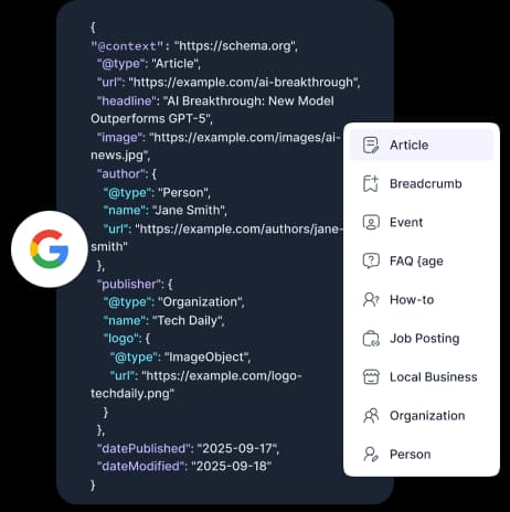 An Article JSON-LD example beside the available schema types