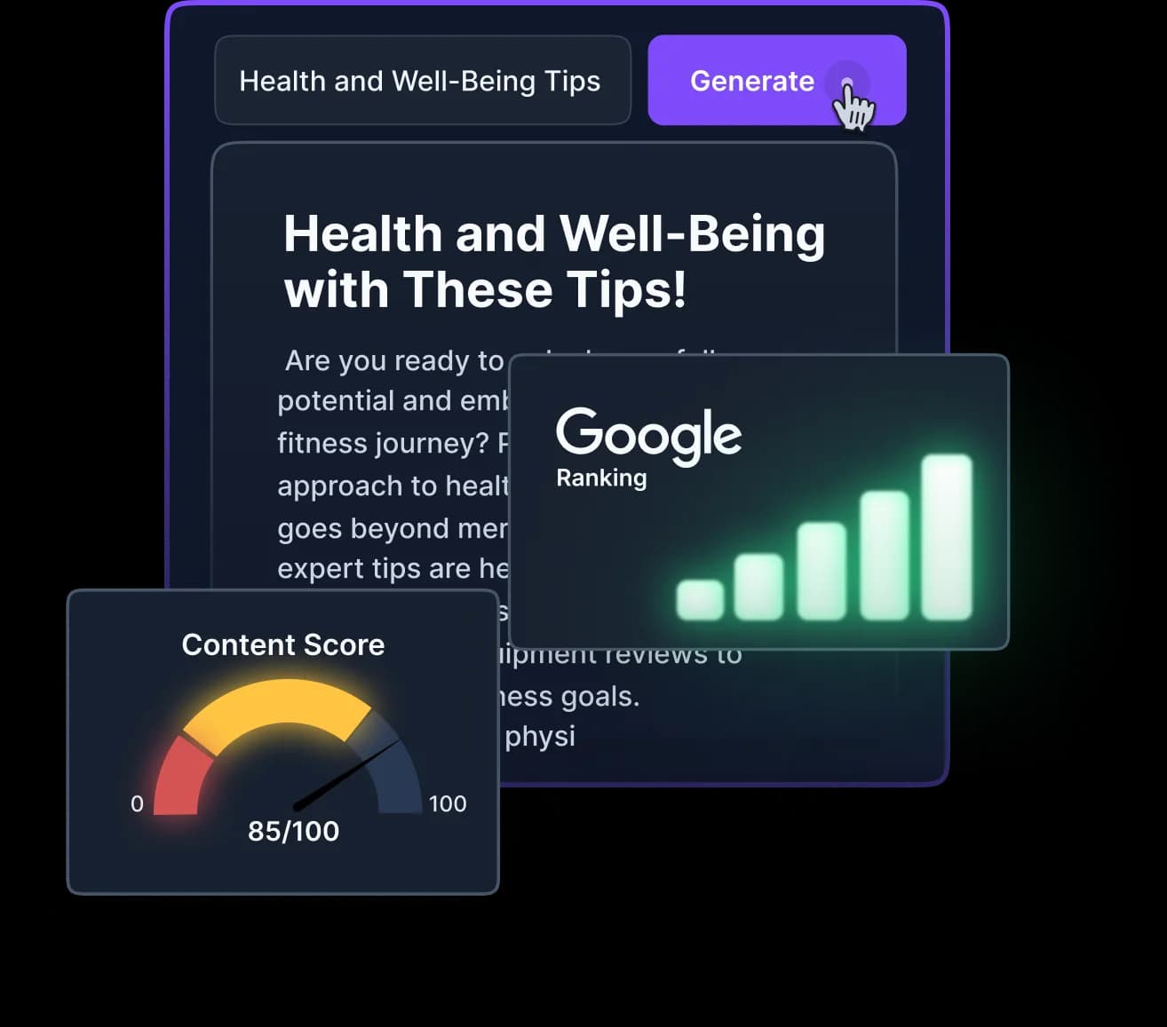 Article preview with search rankings and a content score