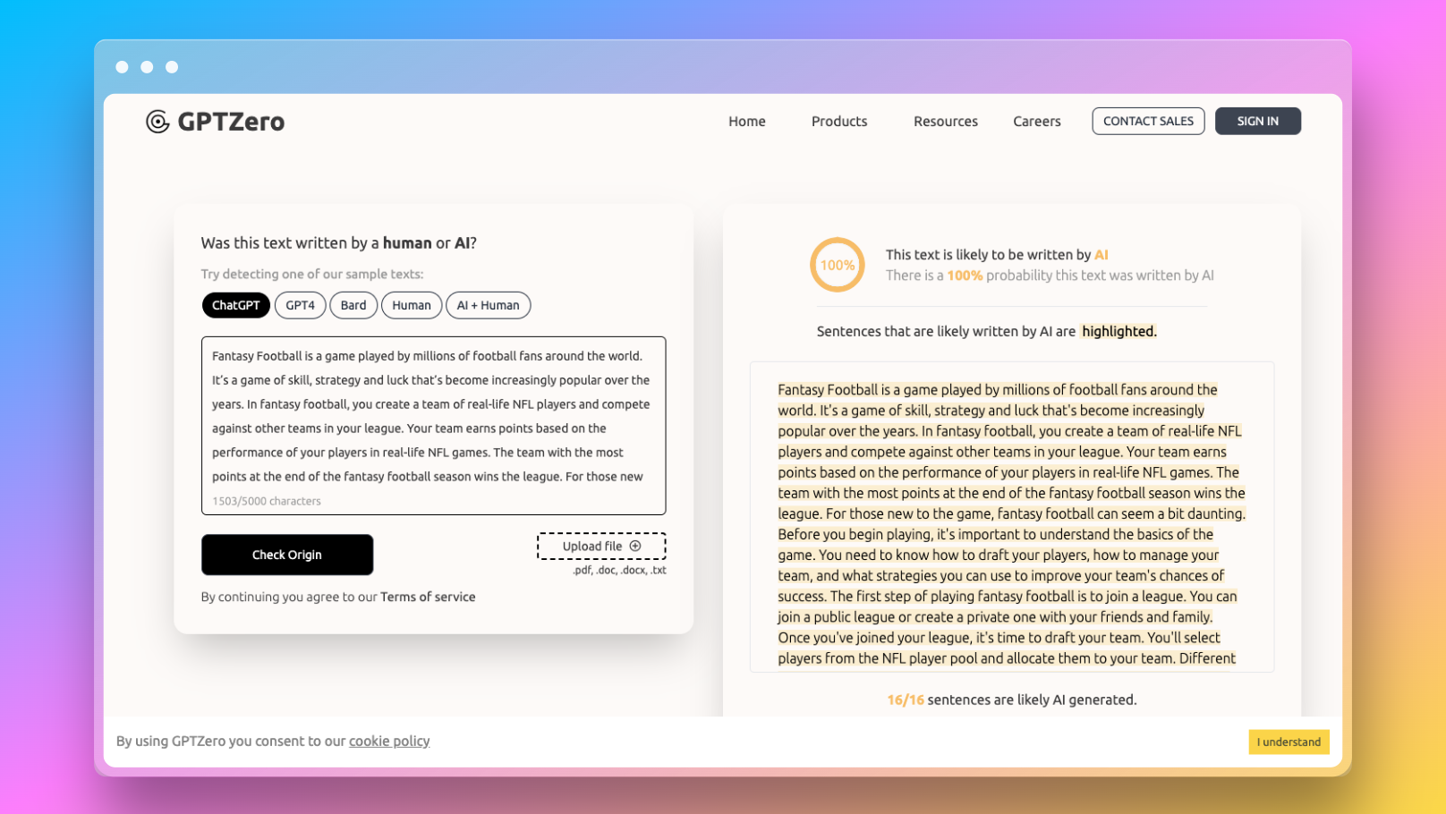 Origin by GPTZero - ChatGPT and AI Detector