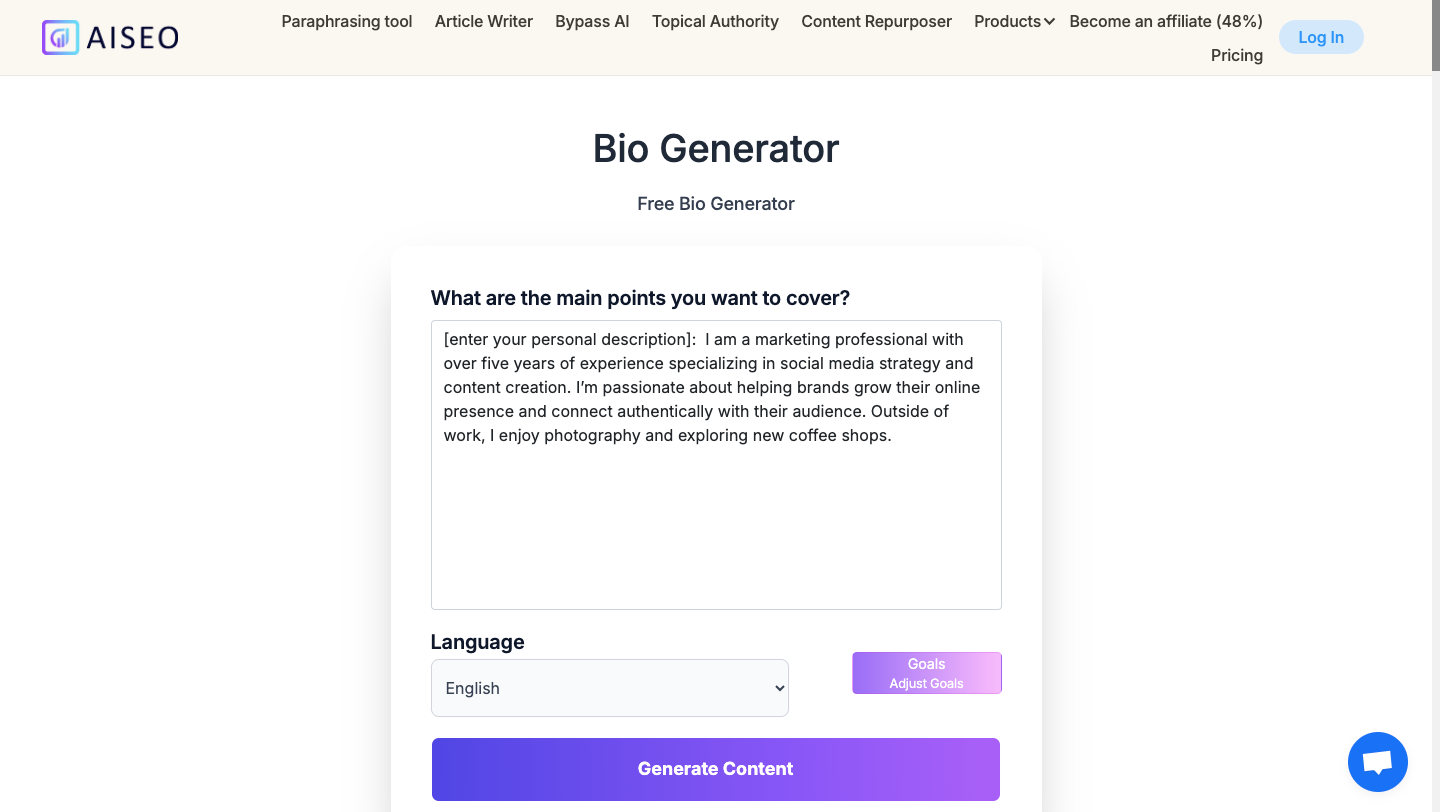 Make an Engaging Personal Bio in a Snap Using
                                AISEO